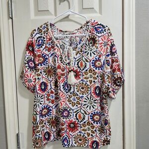 Vivilli‎ Bohemian Medallion Print Peasant Top Short Sleeve Tassel Tie Size M